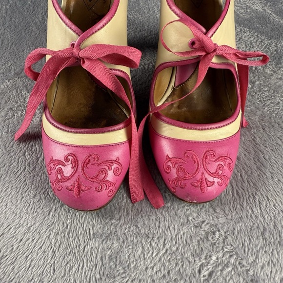JOHN FLUEVOG Revelation Pink Lace Up Bow Heels Pumps Vintage Womens 6 Retro - Picture 4 of 10